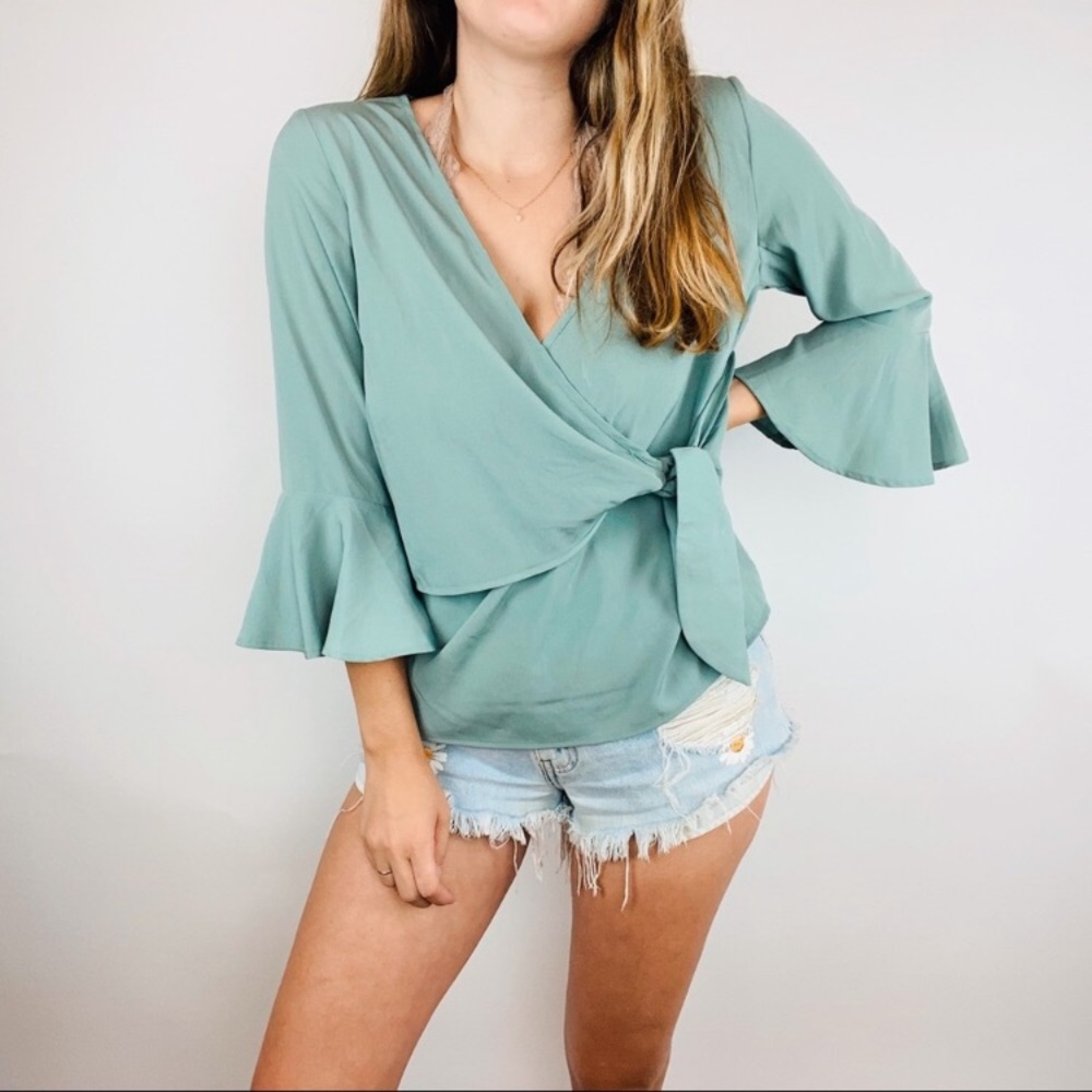 seafoam green wrap blouse